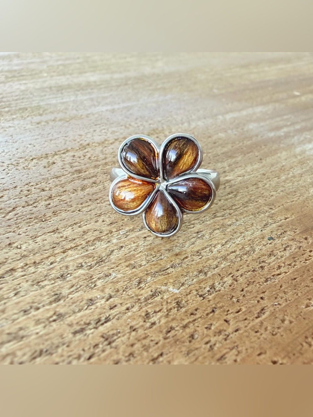 Silver Koa Wood Plumeria Flower Ring, 7